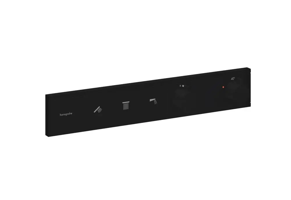 Schwarze Wandmontage mit Bedienelementen von Hansgrohe, bestehend aus drei Schaltern und zwei Reglern zur Steuerung eines Thermostats für mehrere Verbraucher.